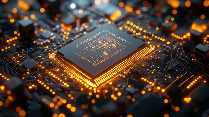 Illuminated microchip circuit board glowing orange