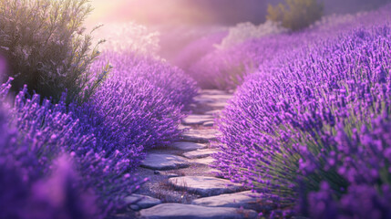 Obraz premium serene countryside path weaves through vibrant purple lavender fields under soft, glowing sunset, creating tranquil and picturesque scene