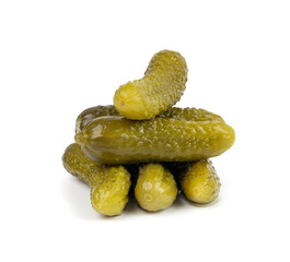 Gherkins isolated, pickled small cucumbers, tiny fermented food, little marinated canned vegetables