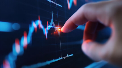 hand interacts with digital stock market candlestick chart on futuristic screen, highlighting data analysis and financial trends