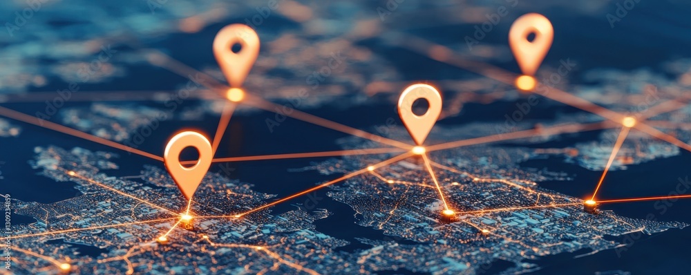 Poster global network connectivity illuminated city map with location pinpoints