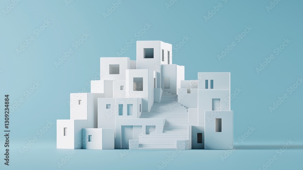 Aufkleber minimalist white architecture model modern building complex with stairs abstract design