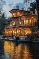 Fototapeta premium Illuminated mansion reflects golden glow on water.