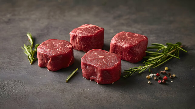 Four Fresh Raw Beef Steaks with Herbs and Seasoning on Dark Grey Background