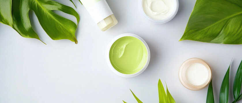 collection of eco friendly skincare products, including creams and lotions, is displayed white surface surrounded by green tropical leaves, emphasizing natural and wellness focused beauty approach