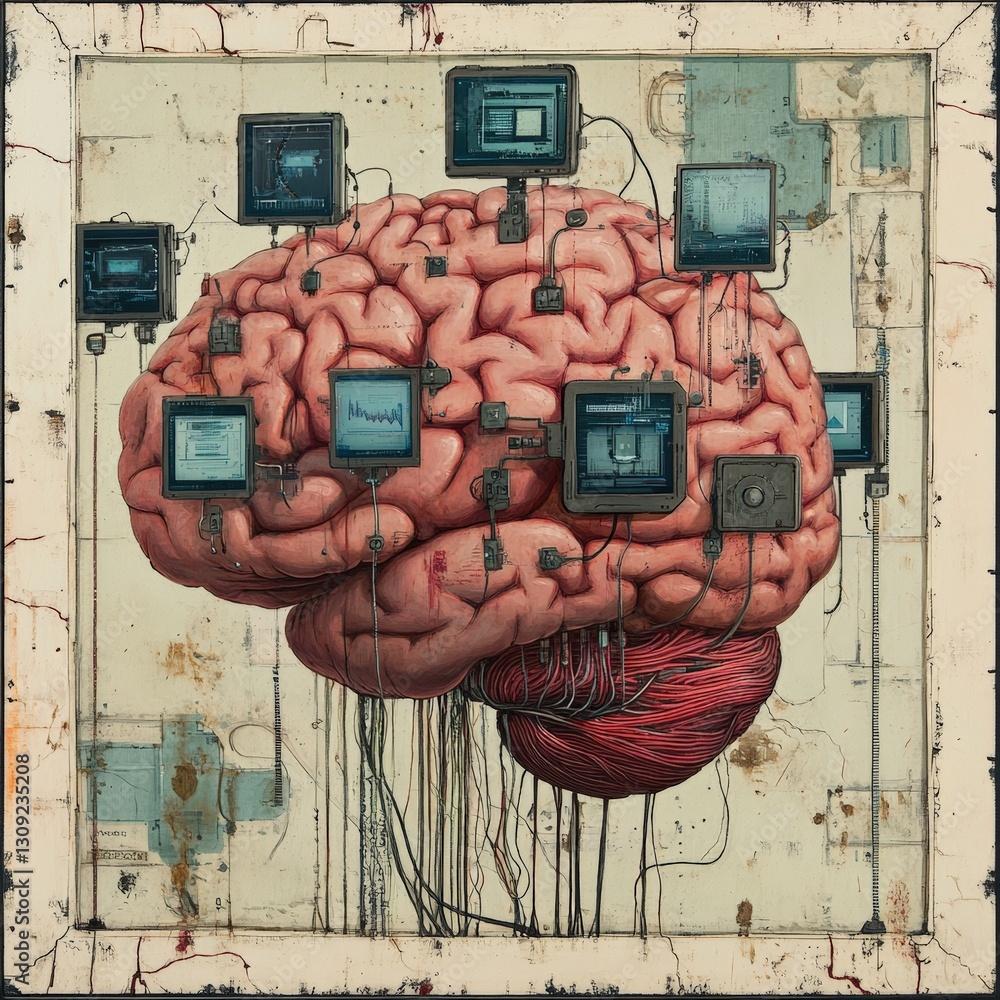 Poster a surreal artistic interpretation of a brain integrated with digital screens and wires, emphasizing 