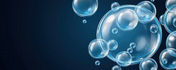 Abstract Blue Bubbles Floating on Dark Background Clean Shiny Spheres 3D Render