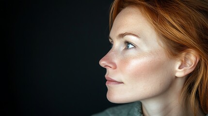 Redhead woman profile, looking away, dark background.