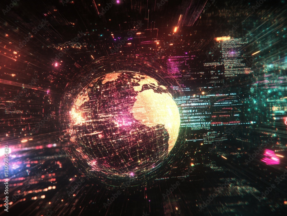 Poster a vibrant digital representation of earth surrounded by streams of light and data, symbolizing conne