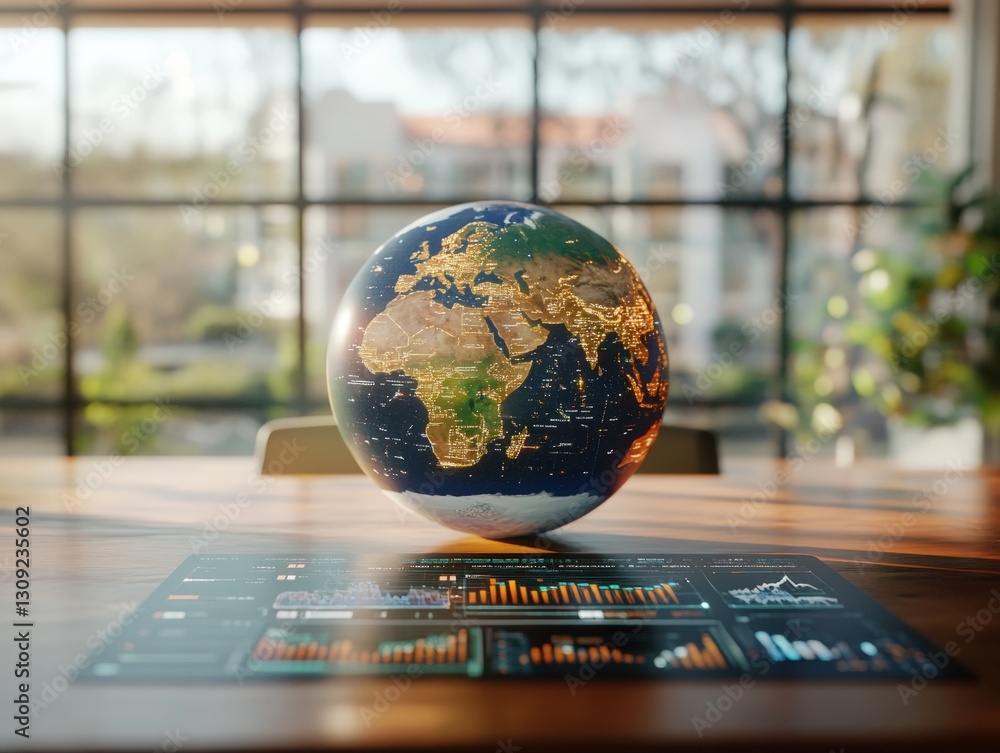 Aufkleber a modern workspace featuring a rotating globe with africa highlighted, set against a bright window v