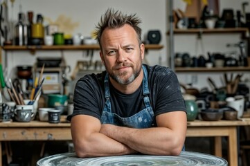 wide shoot , low key , white background , Pottery maker with wheel pottery