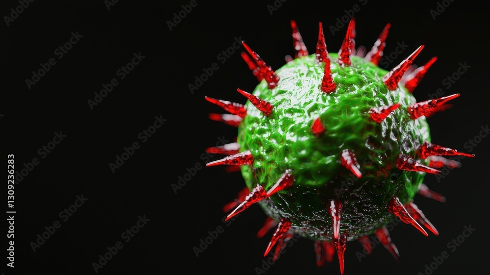 Aufkleber microscopic 3d render of a green virus with red spikes close up view