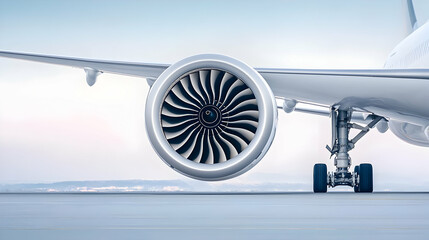 Airplane Engine Detail With Turbine Blades Against Blue Sky And White Aircraft Body