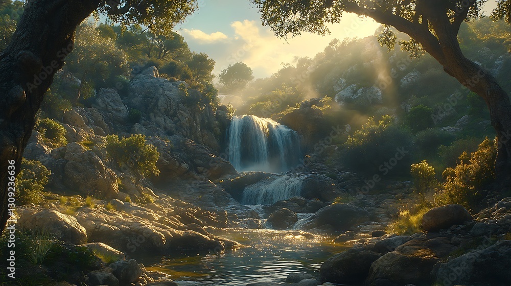 Poster waterfall flows over rocks in forest; light streams through trees. scenic view
