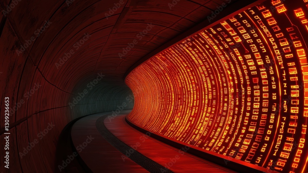 Poster futuristic red tunnel with glowing digital code walls abstract technology background
