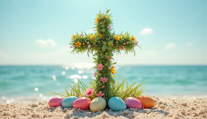 Scenic Easter Celebration with a Floral Cross and Festive Eggs on a Tranquil Beach – Ideal for Marketing and Digital Campaigns