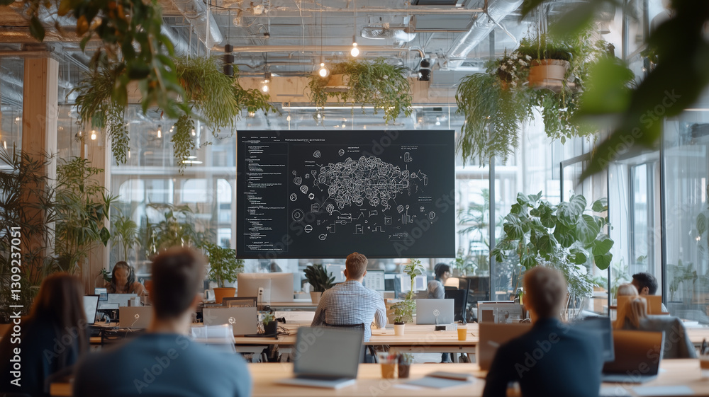 Poster modern office space featuring collaborative meeting environment with large screen displaying brainst