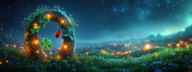Enchanting Night Scene Featuring a Magical Portal Adorned with Delicate Lights and Nature