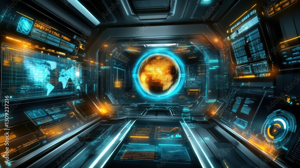 Poster futuristic control room with advanced technology and earth view amidst digital interfaces and stunni