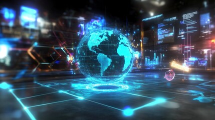 Futuristic Digital Display of a 3D Globe Surrounded by Neon Elements and Data Visualizations Representing Advanced Technology and Global Connectivity in a Virtual Environment.