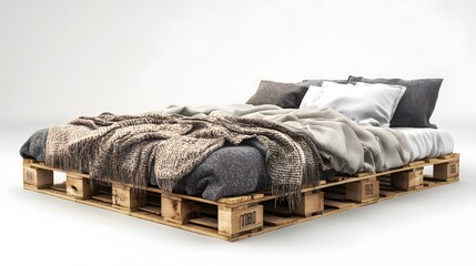 Cozy Bed with Wooden Pallet Base: This image showcases a bedroom scene, centered on a rustic bed design. The bed frame is uniquely constructed from wooden pallets.