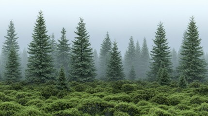 Fototapeta premium Lush evergreen forest surrounded by mist during early morning hours inviting exploration and tranquility