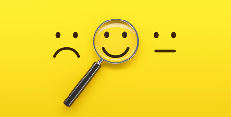Magnifying glass over smiling face and sad faces beside on yellow background with copy space - 3D...