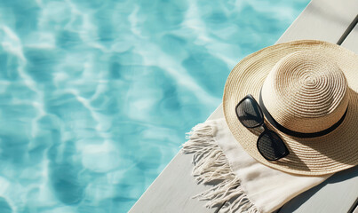 Enjoy a Relaxing Summer Day by the Pool with Stylish Accessories and Captivating Water Reflections Beneath the Bright Sunshine
