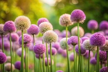 Obraz premium Allium's delicate blooms, long stems shown in a minimalist garden bed photograph.