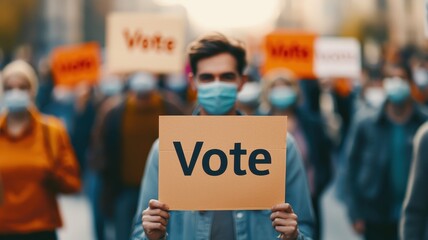 Person Holding Vote Sign at Political Protest Demonstration with Crowd Wearing Masks
