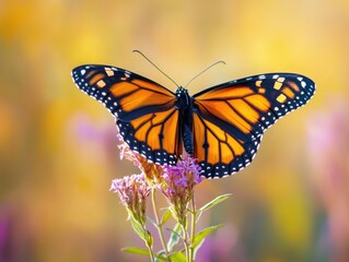 Fototapeta premium Vibrant monarch butterfly resting on blooming flower in sunlit garden