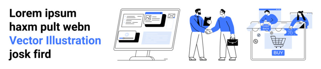 Business professionals handshake, computer screen showing online applications, people engaged in online shopping via mobile device, and cart checkout. Ideal for e-commerce, business cooperation