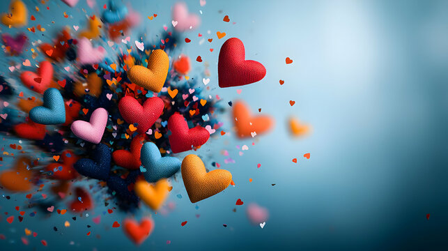 Pixelated Hearts in Vibrant Colors Exploding on a Soft Blue Background Celebrating Love and Romance