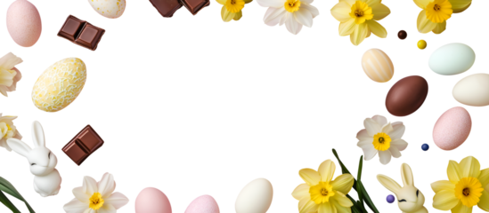 Easter colourful pastel eggs, chocolate, daffodils flower, bunny rabbit scattered surround on transparent cutout PNG. Mockup template for design. Wallpaper banner border frame. flat lay top view