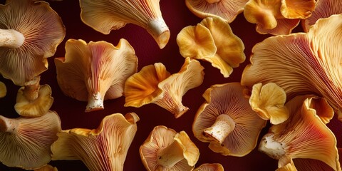 Floating golden oyster mushrooms with orange caps on a rich burgundy background