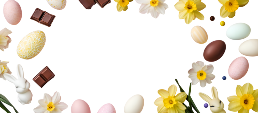 Easter colourful pastel eggs, chocolate, daffodils flower, bunny rabbit scattered surround on transparent cutout PNG. Mockup template for design. Wallpaper banner border frame. flat lay top view