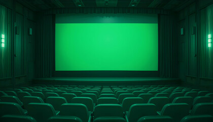 Empty Movie Theater with Green Screen and Vacant Seating Rows