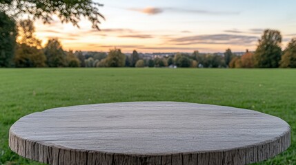 Beautiful sunset over a serene park landscape with a wooden table in the foreground showcasing nature's tranquility