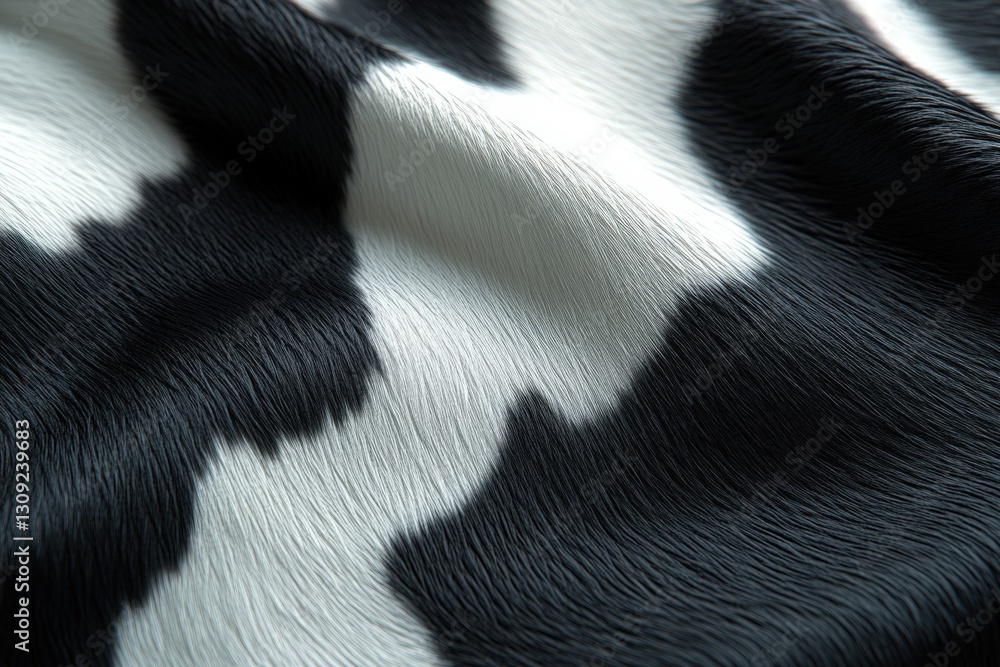 Poster close-up of black and white cowhide showing an abstract pattern and texture of natural leather in a 
