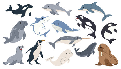 Set of sea animals. Aquatic animals set. Ocean mammals orca, Walrus, sea lion, seal, penguin, shark, whale, dolphin, narwhal, beluga. Vector illustration.