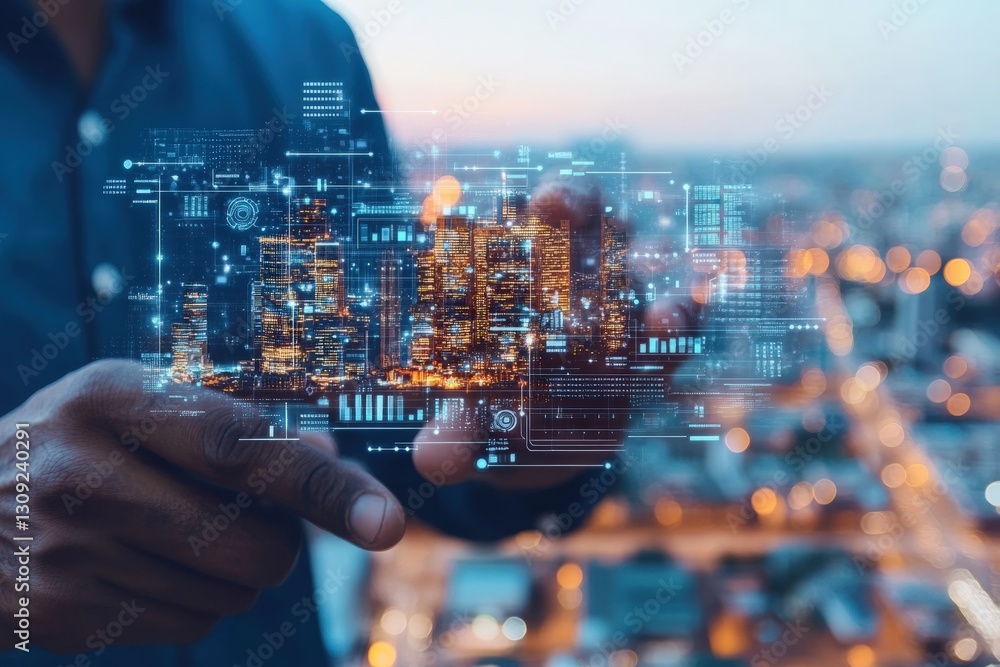 Poster a man in a suit uses a digital interface displaying a smart city skyline, capturing the fusion of te