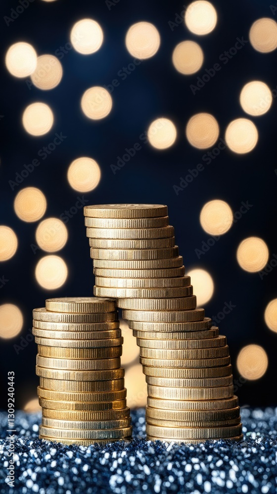 Poster stacked coins create a shimmering arch against a blurred bokeh background illuminating a festive atm