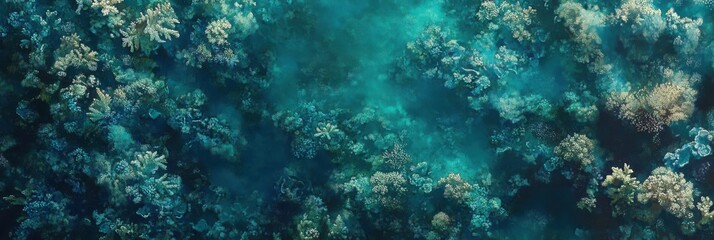 Aerial view of vibrant coral reef in turquoise ocean water with diverse marine life