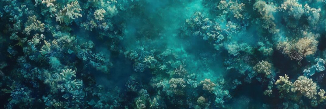 Aerial view of vibrant coral reef in turquoise ocean water with diverse marine life - Powered by Adobe