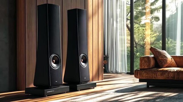 High-end floor standing sound speakers in modern living room. Premium home audio system with powerful bass. Hi-fi stereo setup for music lovers and audiophiles. Stylish home entertainment technology