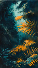 Abstract Tropical Jungle Painting with Golden Palm Leaves and Deep Green Foliage