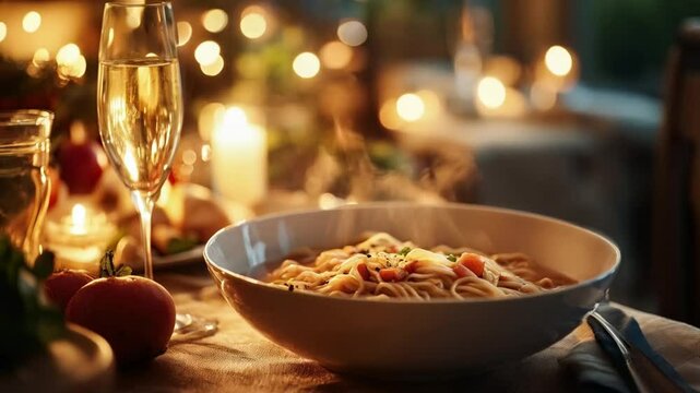 The dinner table was beautifully set, adorned with an array of delicious dishes, from savory roasted meats to vibrant salads, inviting everyone to gather and enjoy a delightful meal together.