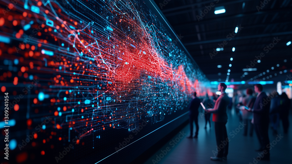 Poster vibrant digital display showcasing data visualization with red and blue elements, capturing attentio
