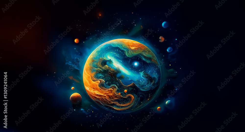 Poster a vibrant planet with swirling colors is in the dark expanse of space, surrounded by smaller celesti