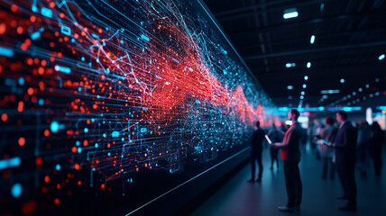vibrant digital display showcasing data visualization with red and blue elements, capturing attention of viewers in modern business environment